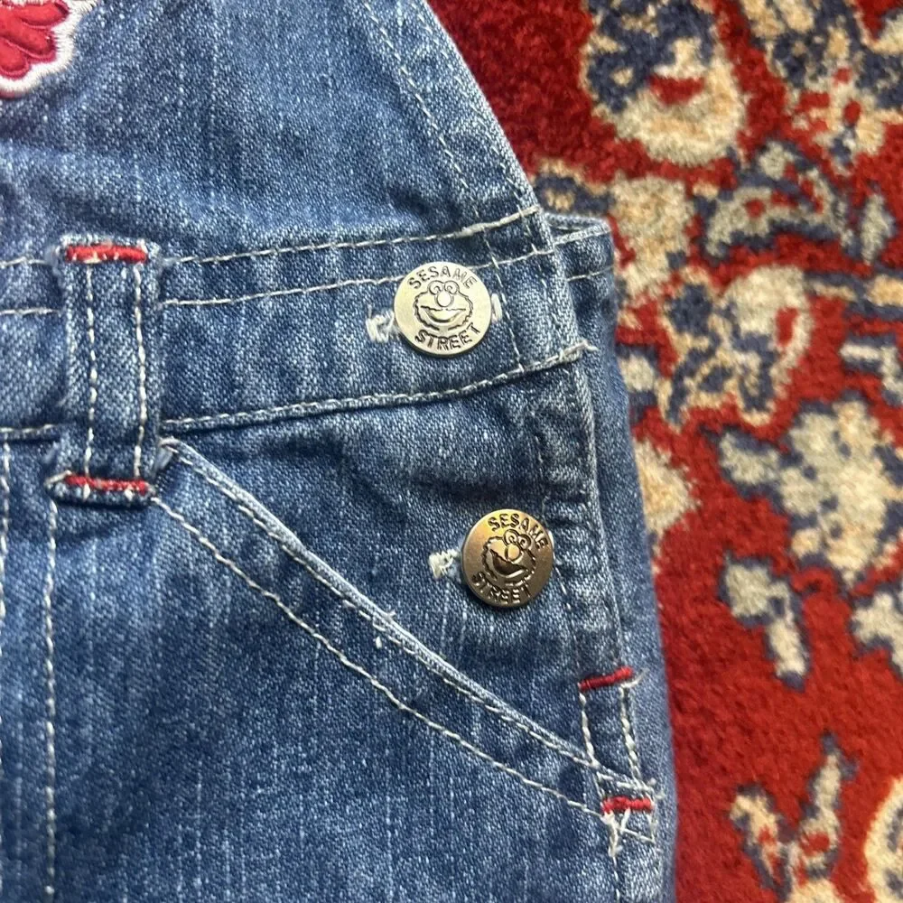 Vtg Elmo Cookie Monster Sesame Street Denim Overalls Sz 6-9 Months Embroidered